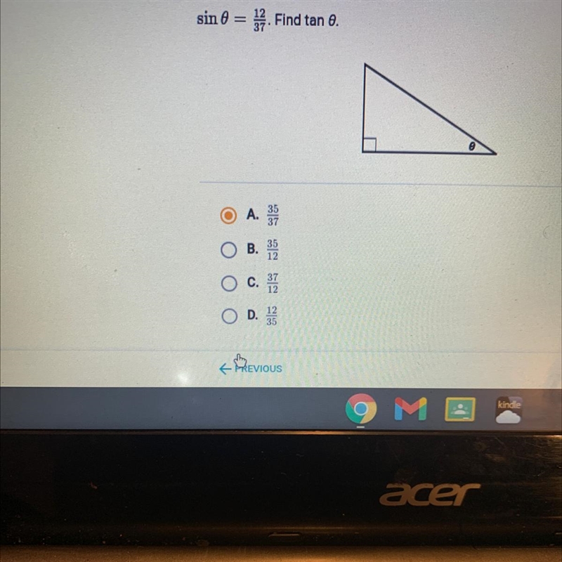 Sin 0 = 12/37 find tan 0-example-1