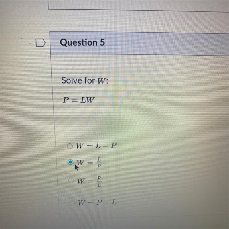 Solve for W: P = LW-example-1