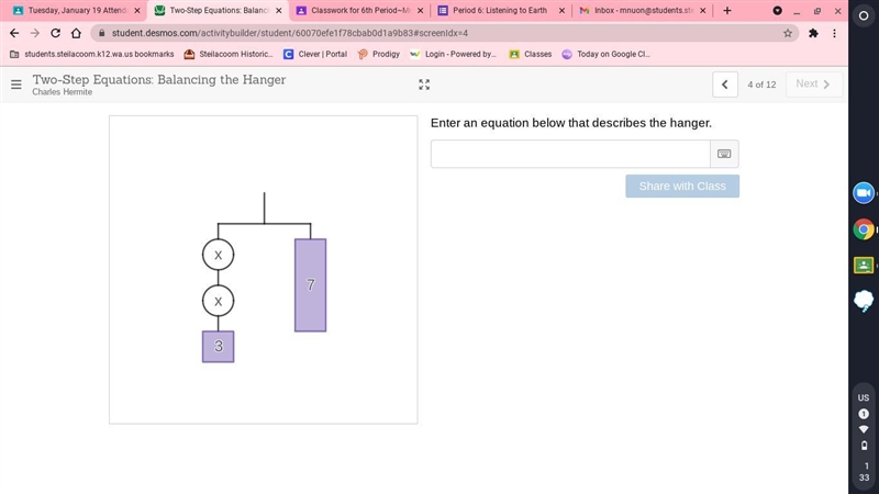 Enter below an equation that describes the hanger:-example-1