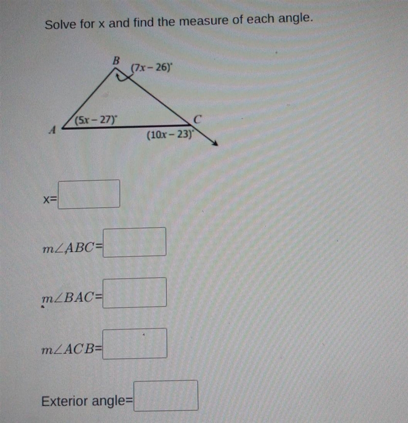 Solve for x and find the measure of each angle. no links please​-example-1