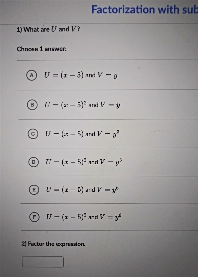 Hi help and explain pls We want to factor the following expression: (x - 5)^(2) + 2y-example-1