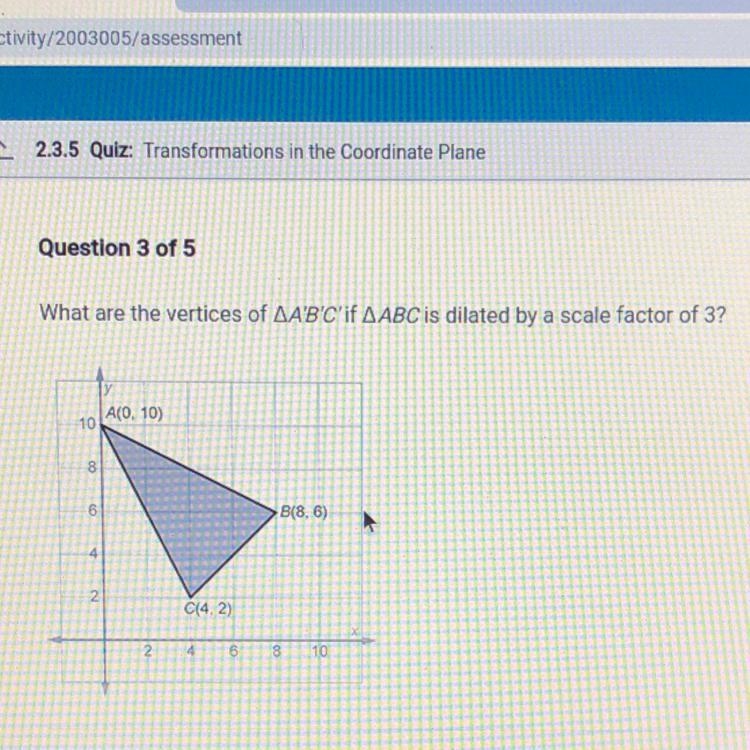 What are the vertices of AA'B'C'if AABC is dilated by a scale factor of 3? *A. a(0,30) b-example-1