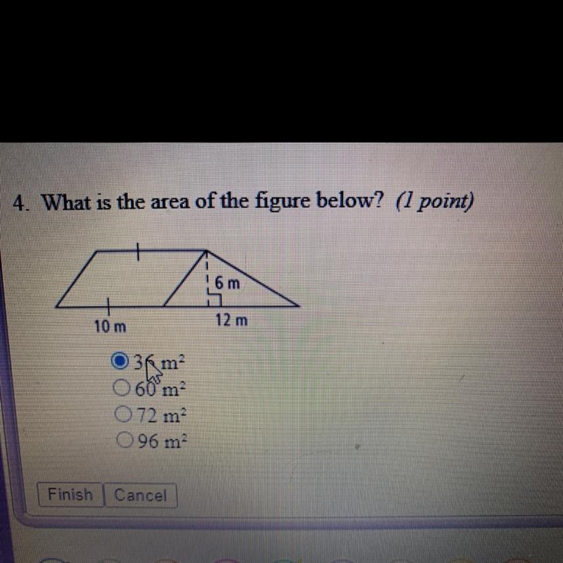 What is the area of the figure below? 36m^2 60m ^2 72m^2 96m^2-example-1