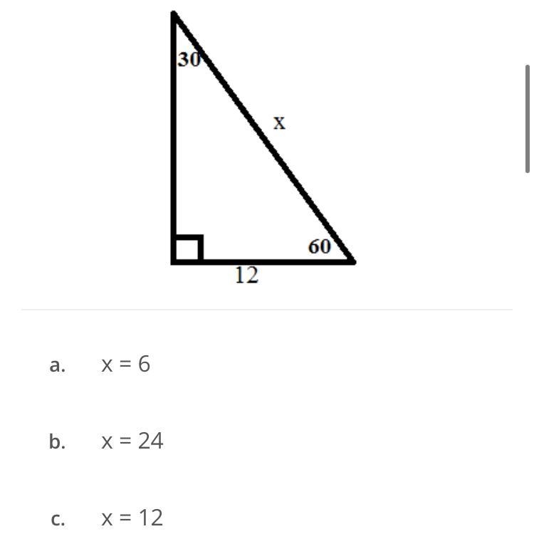 Find the length of the shorter leg in the triangle pictured below x=6 x=24 X=12 X-example-1