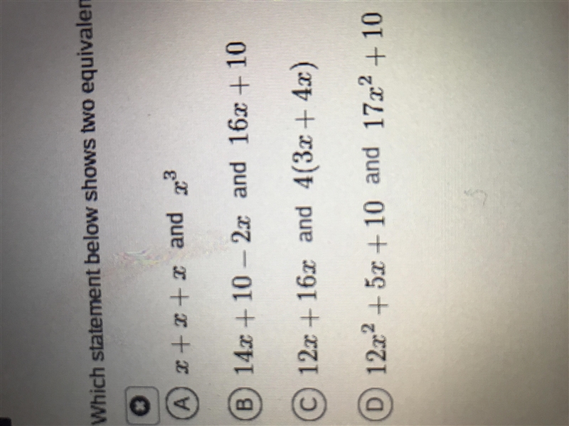 Which statement below shows two equivalent expressions?-example-1