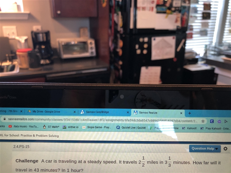 A car is traveling at a steady speed. It travels 2 1/2 miles on 3 1/3 minutes. How-example-1