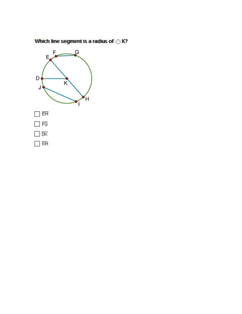 Which line segment is a radius of K?-example-1