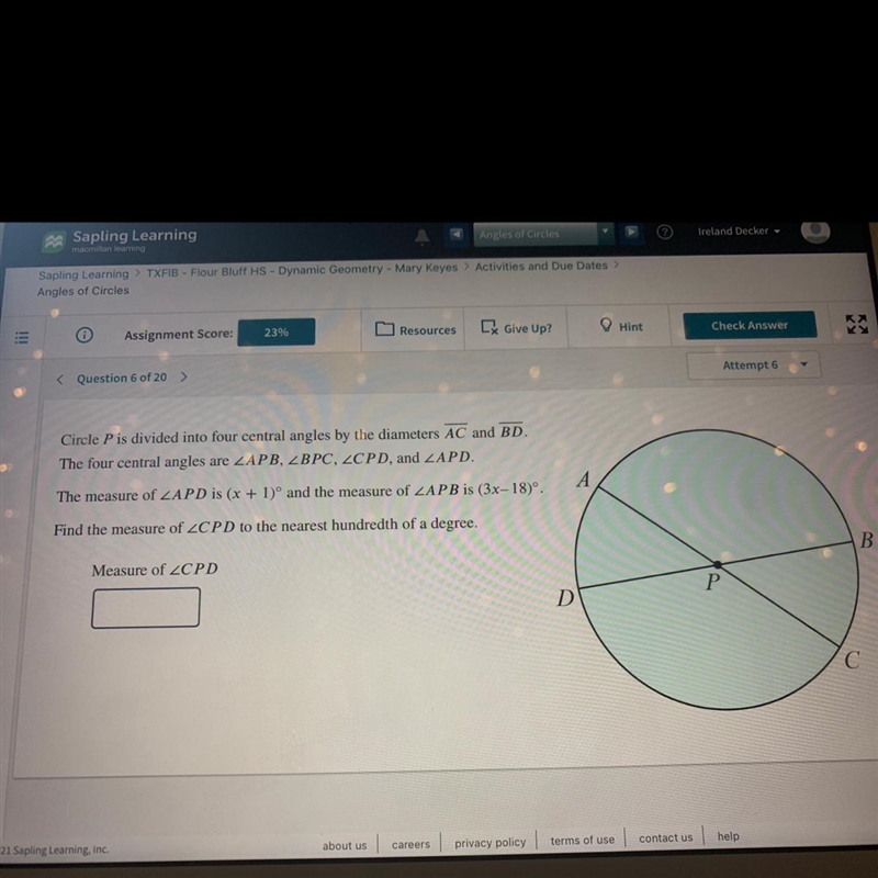 Circle P is divided into four central angles by the diameters AC and BD. The four-example-1