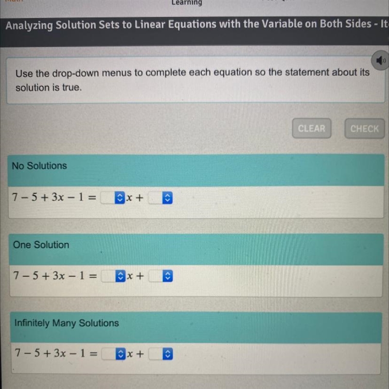 Use the drop-down menus to complete each equation so the statement about its solution-example-1