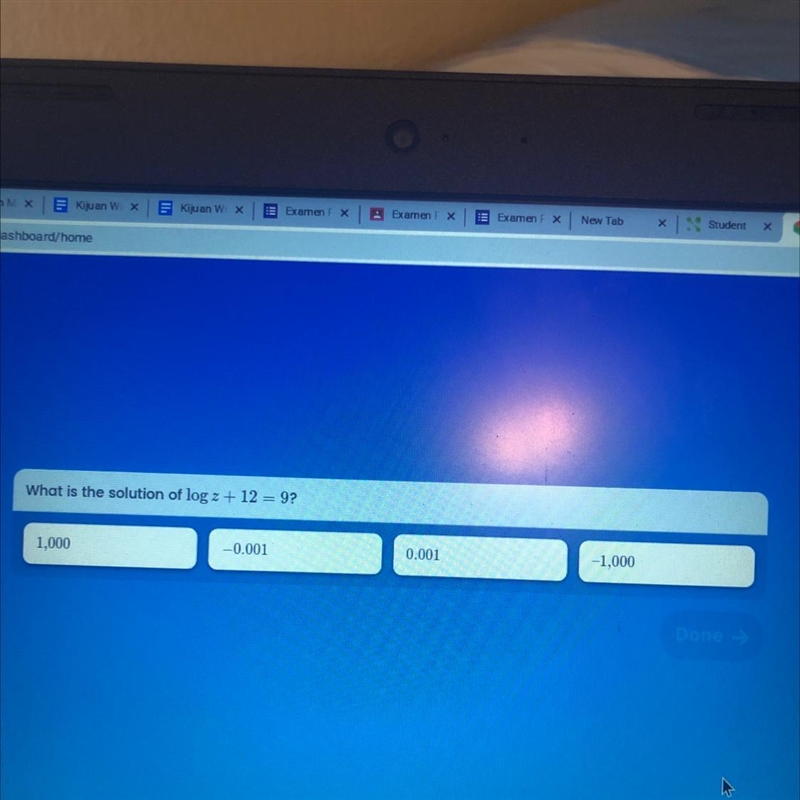 What is the solution of log z + 12 = 9? 1,000 -0.001 0.001 -1.000 Done-example-1