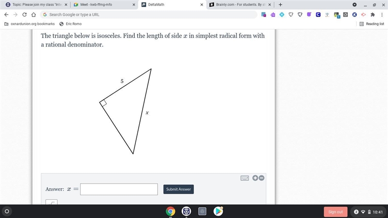 The triangle below is isosceles. Find the length of side x in simplest radical form-example-1