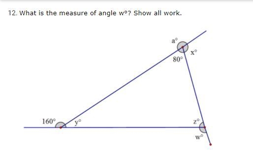 What is the measure of angle w°? Show all work.-example-1