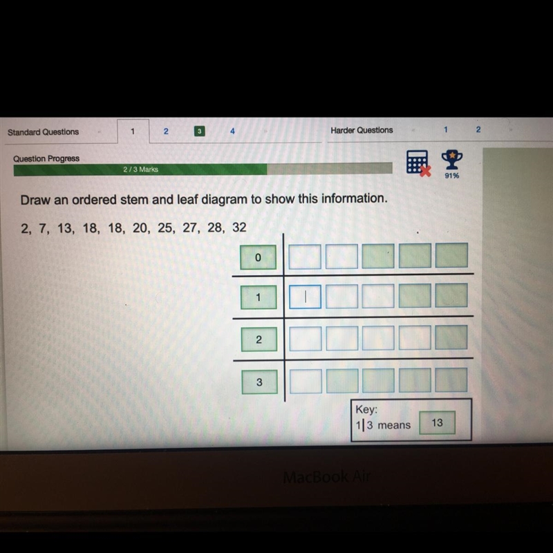 Draw and ordered stem and leaf diagram to show this information. 2, 7, 13, 18, 20, 25, 27, 28, 32-example-1