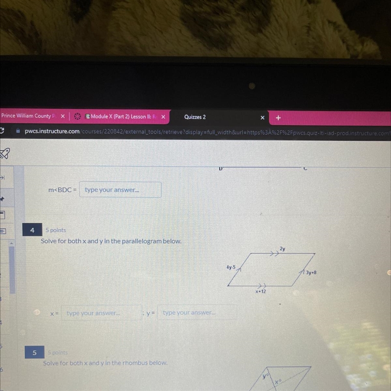 Solve for both x and y in the parallelogram below.-example-1