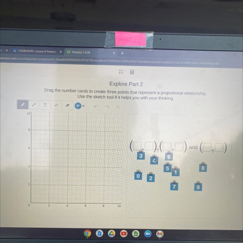 Drag the number cards to create three points that represent a proportional relationship-example-1