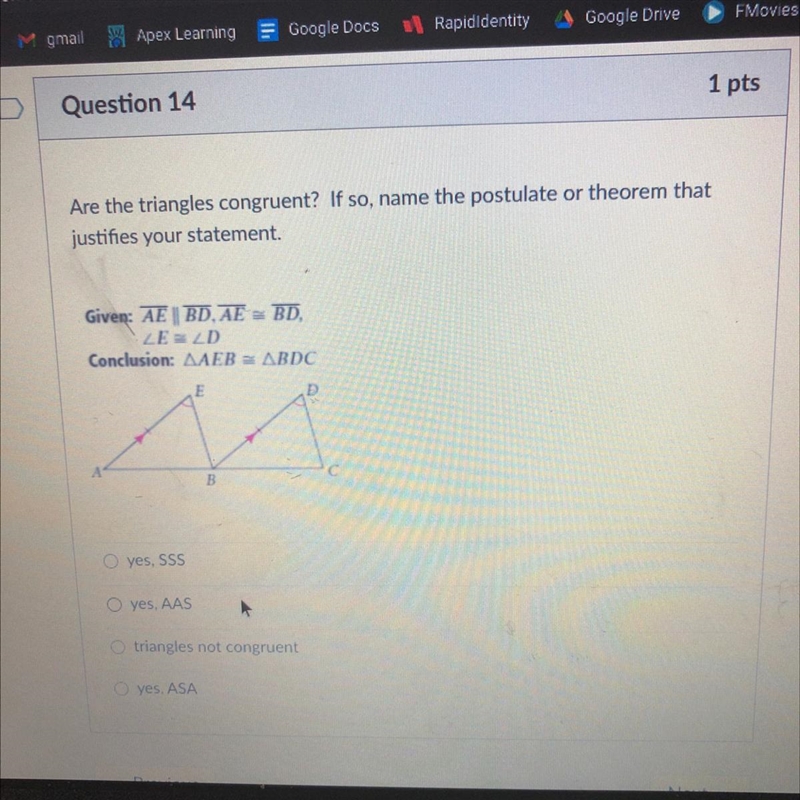 Are the triangles congruent? If so, name the postulate or theorem that justifies your-example-1