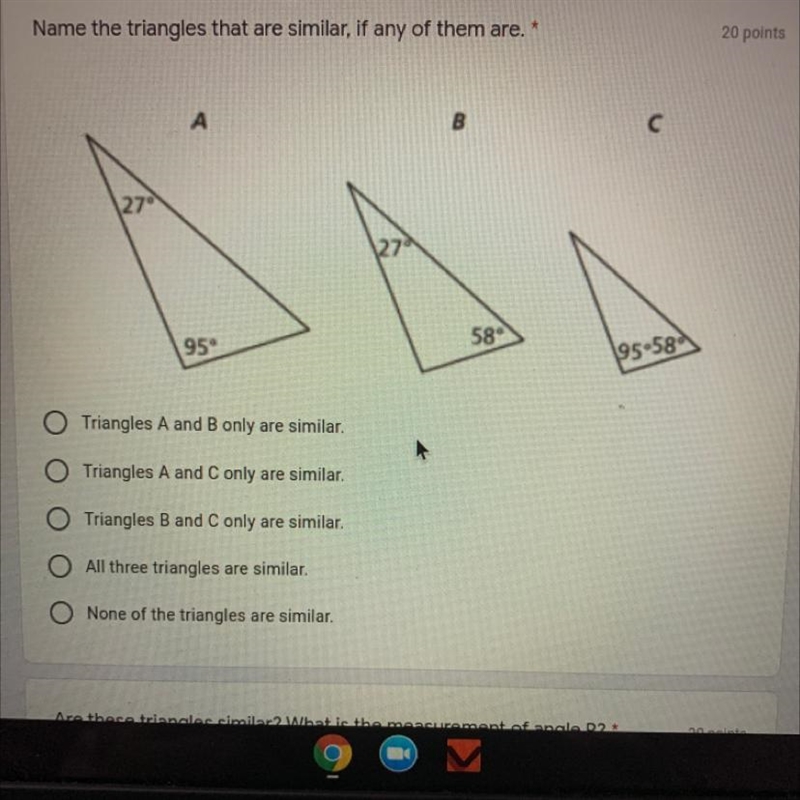 Name the triangles that are similar, if any of them are.-example-1