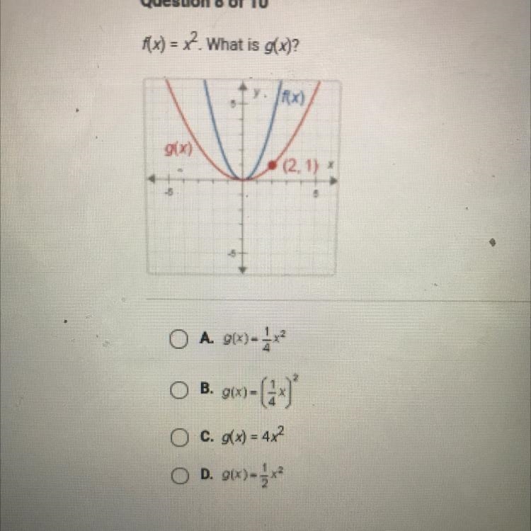 F(x) = x2 What is g(x)? um g(x) (2.1) OB. 9x)- O A.9) 960-G3* O c. g(x) = 4x² O D-example-1