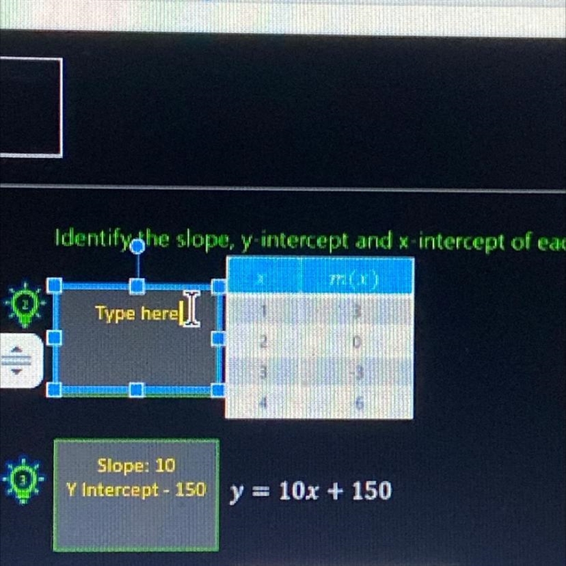 Identifying the slope, y-intercept and x- intercept of each-example-1