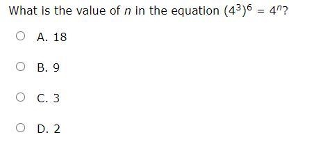 What is the value of n in the equation (4^3)^6 = 4^n pls help-example-1