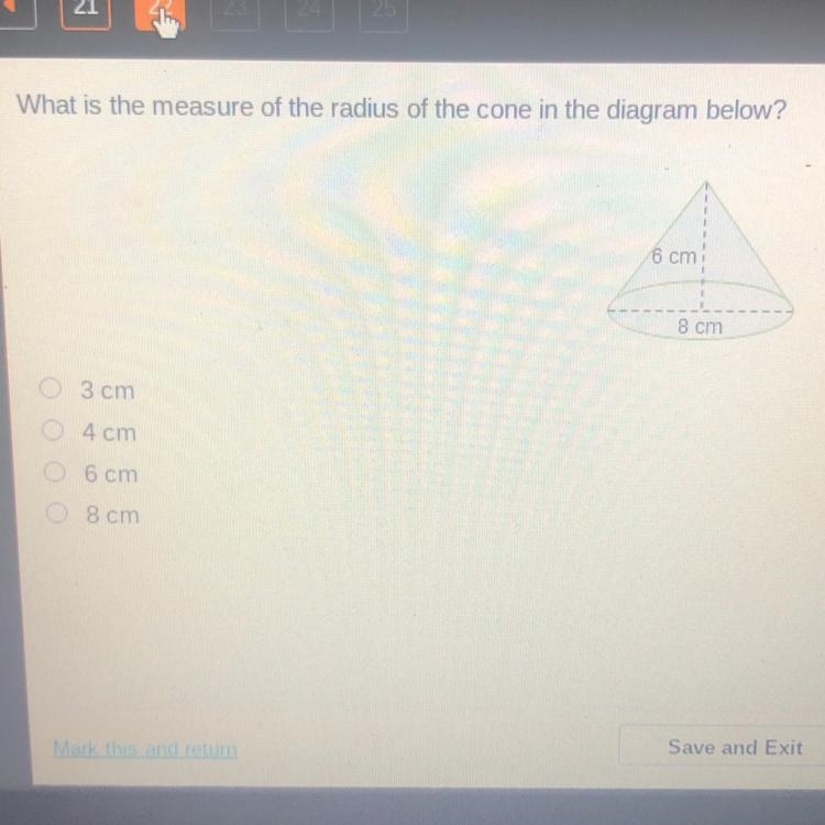 What is the measure of the radius of the cone in the diagram below? X 6 cm 8 cm 3 cm-example-1