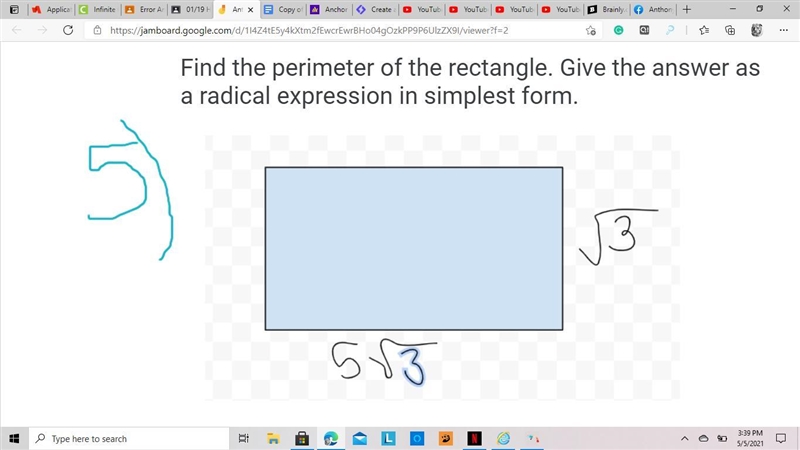 Find the perimeter of the rectangle. give the answer as a radical expression in the-example-1