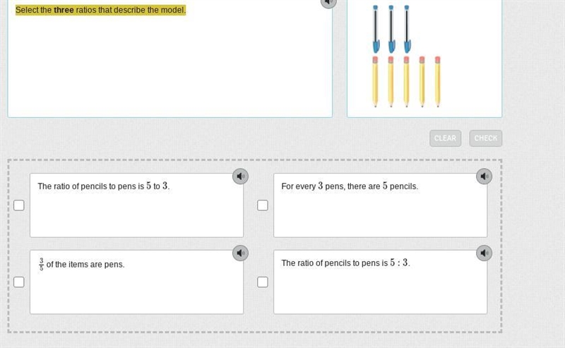 Select the three ratios that describe the model.-example-1