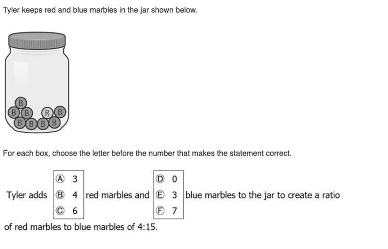 Help me :') Tyler keeps red and blue marbles in the jar shown below. For each box-example-1