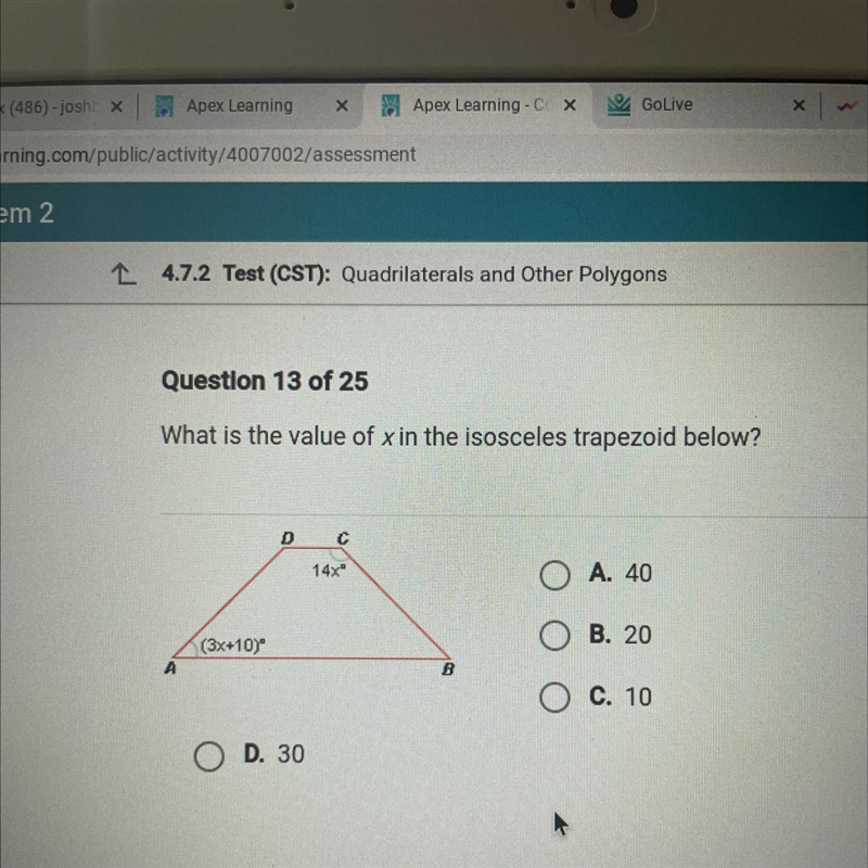 What is the value of x in the isosceles trapezoid below?-example-1