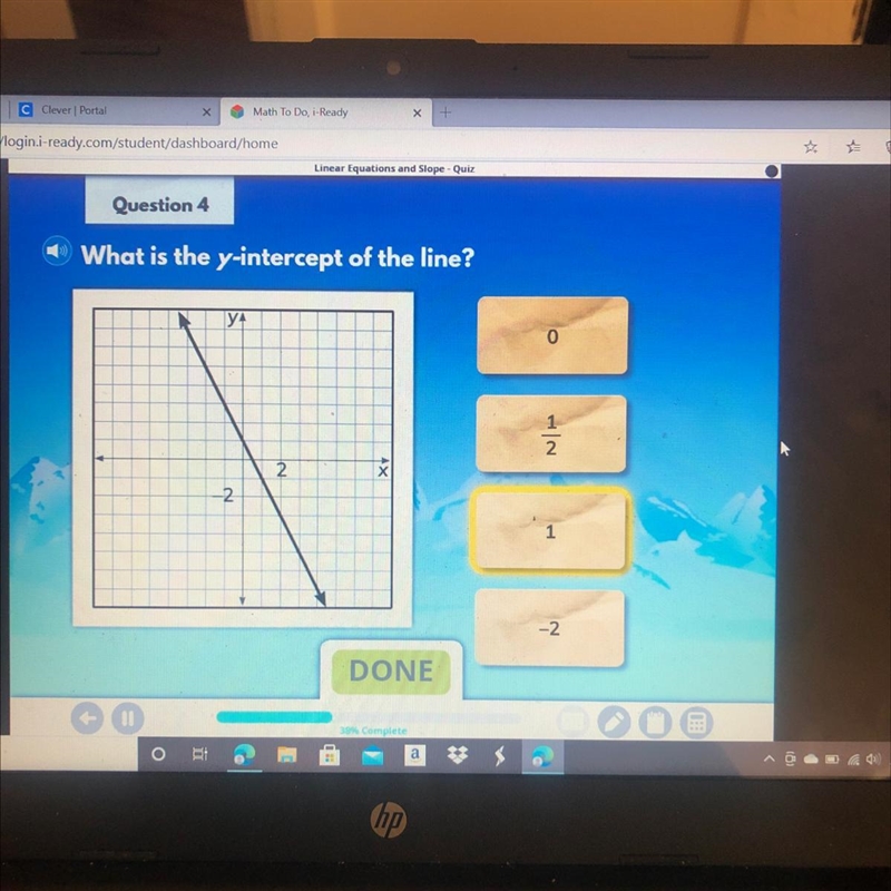 What is the y-intercept of the line? YA 0 2 2. -2 1 -2 DONE-example-1