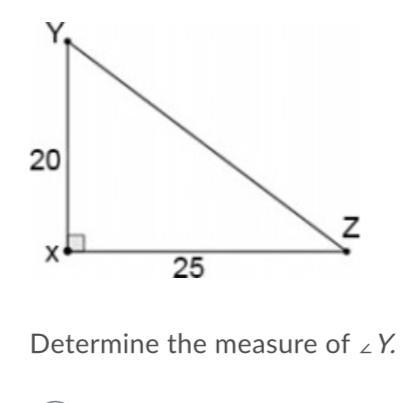 Determine the measure of ∠Y. Question 1 options: A) 38.66° B) 51.34° C) 9.32° D) 89.89°-example-1