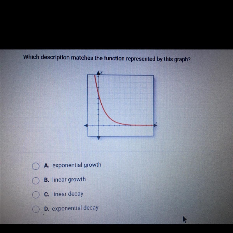 Which description matches the function represented by this graph? A. exponential growth-example-1