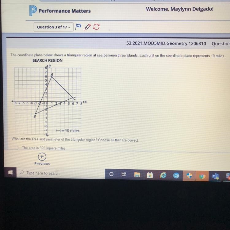 The coordinate plane below shows a triangular region at sea between three islands-example-1