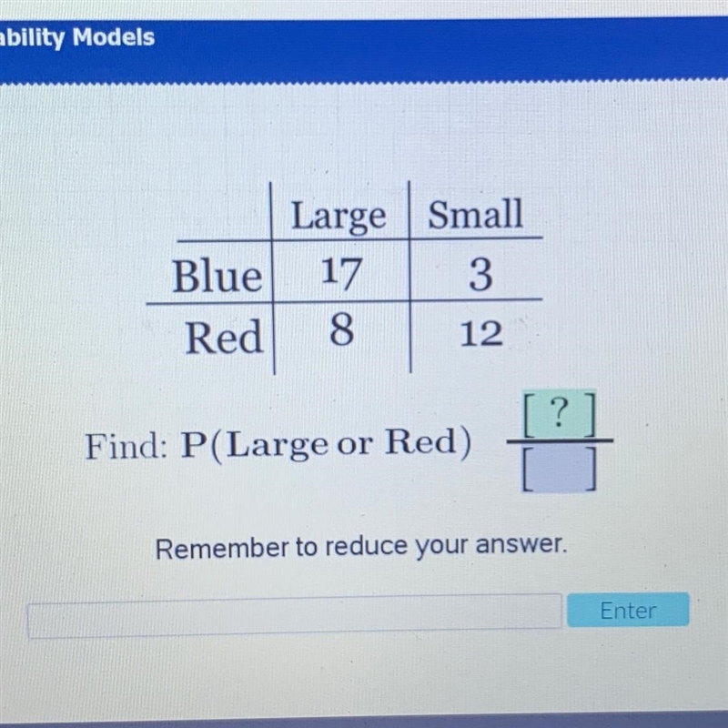 Large Small Blue 17 3 Red 8 12 ? Find: P(Large or Red) Remember to reduce your answer-example-1