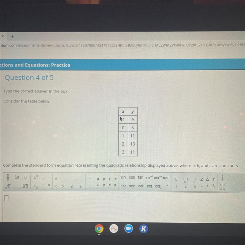 Complete the standard form equation representing the quadratic relationship displayed-example-1