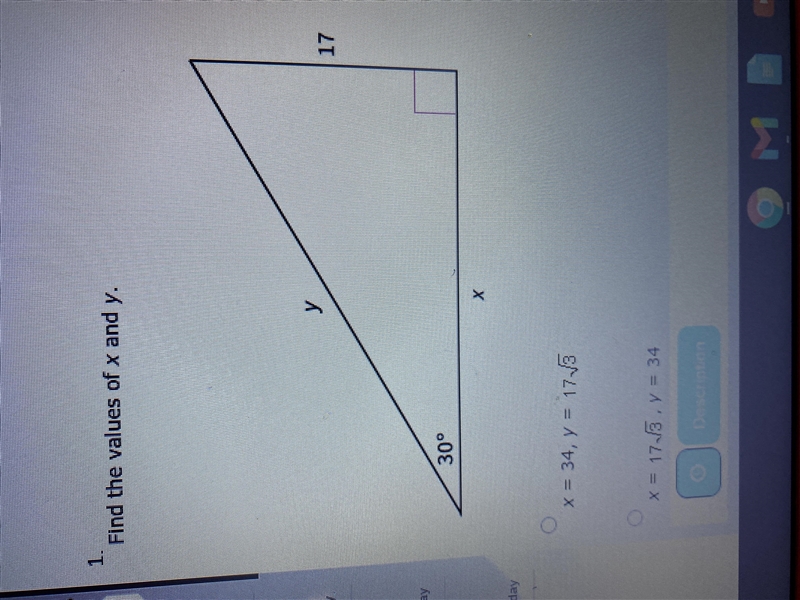 Find the values of x and y A. X=34, y=17 √3 B. X=17 √3, y=34 C. X=34 √3, y=17 D. X-example-1