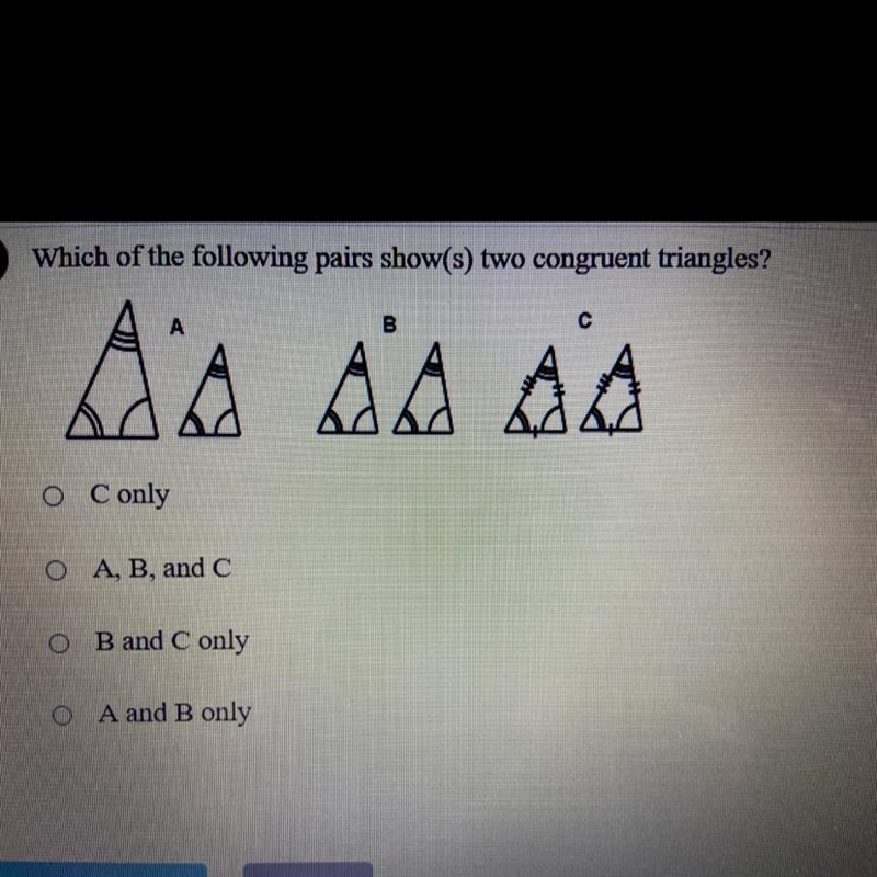 Which of the following pairs show two congruent triangles?-example-1