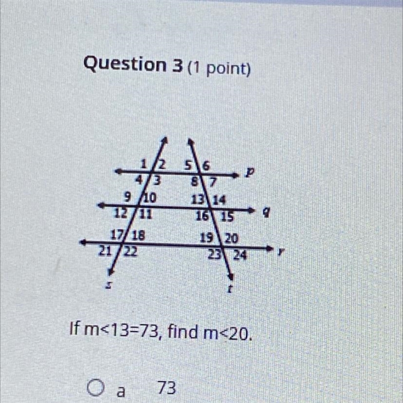 If m<13=73, find m<20-example-1