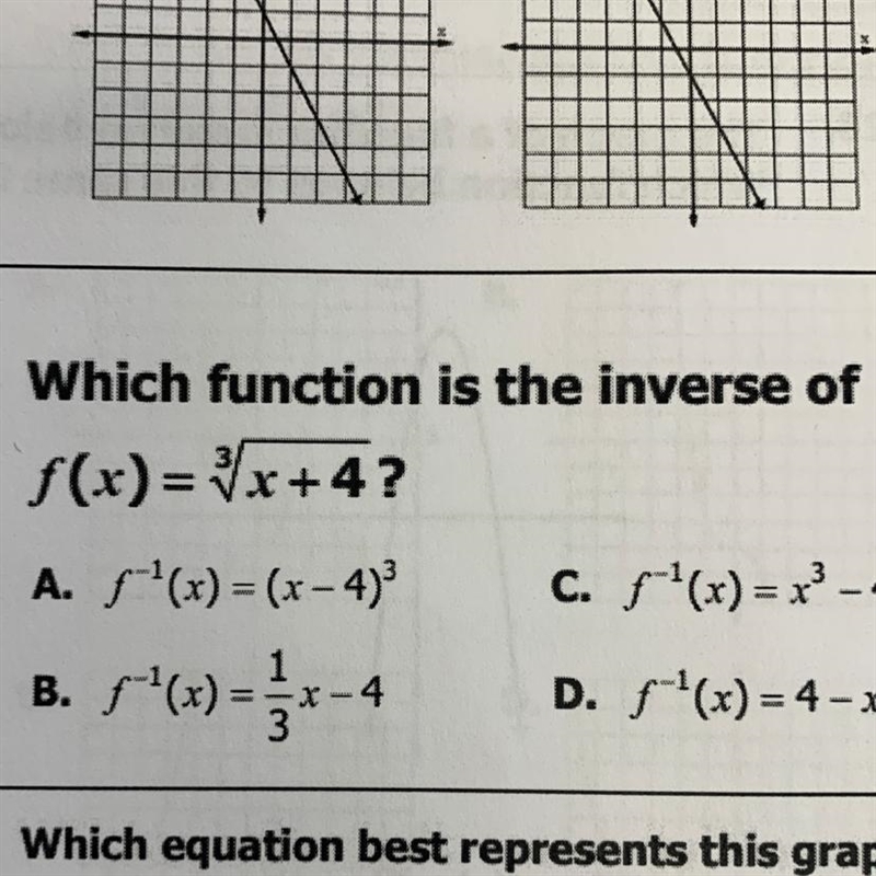 Which function is the inverse of f(x)= x+4? A. F'(x) = (x - 4) B. F"(x) =-**-4 C-example-1