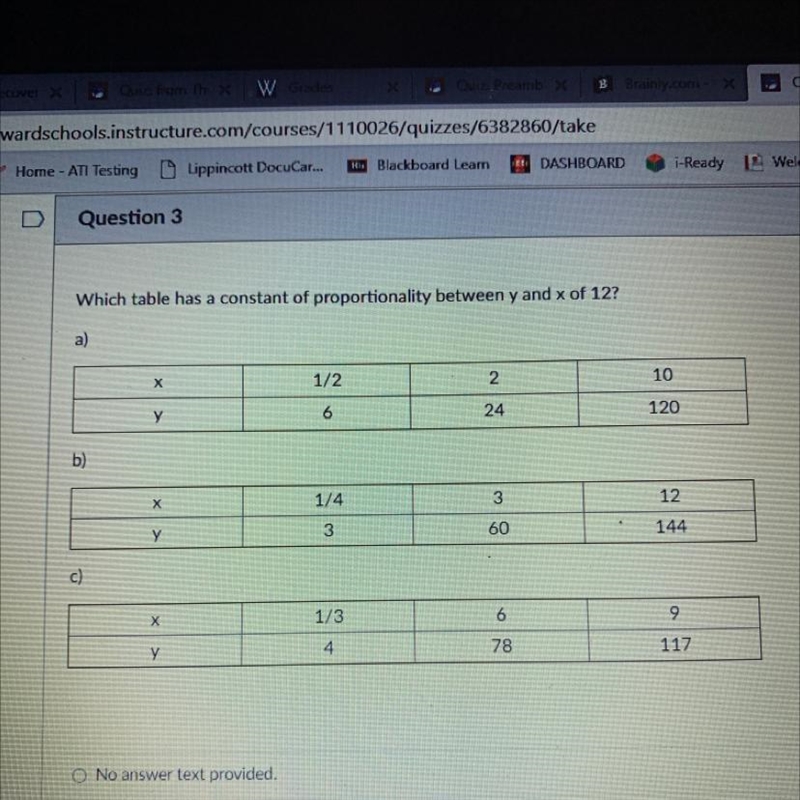 Which table has a constant of proportionality between y and x of 12? a) х 1/2 2 10 у-example-1