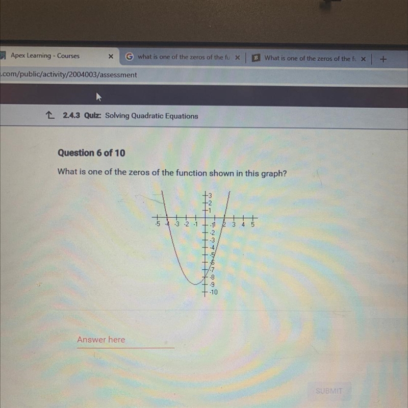 What is one of the zeros of the function shown in this graph?-example-1