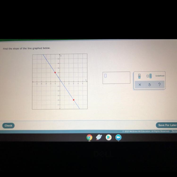 Find the slope of the line graphed below. (Sorry if it’s a little blurry)-example-1