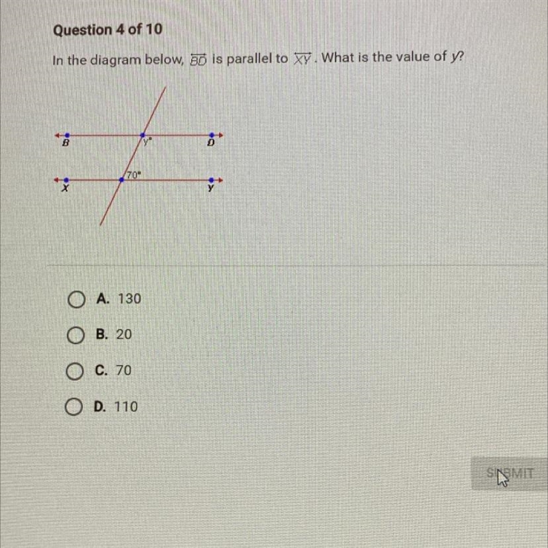 In the diagram below, BD is parallel to XY. What is the value of y? A. 130 B. 20 C-example-1