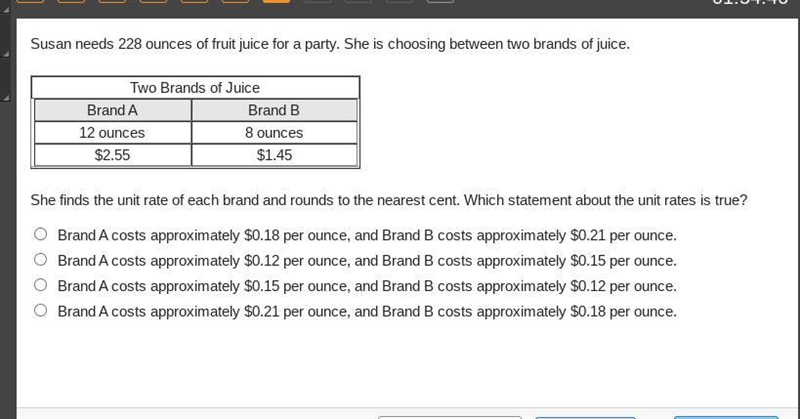 PLS HURRY!! Susan needs 228 ounces of fruit juice for a party. She is choosing between-example-1