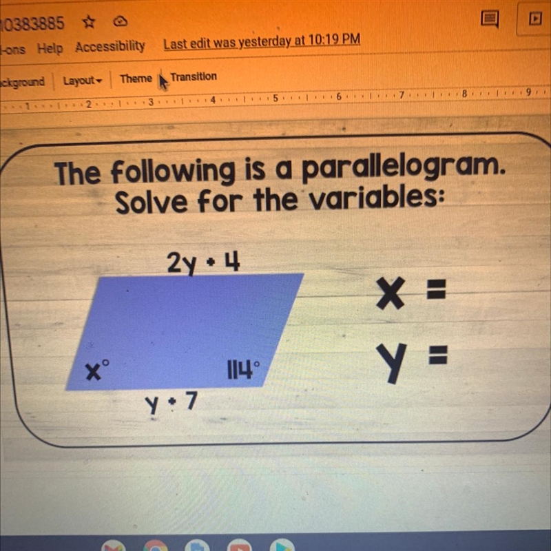 The following is a parallelogram solve for the variables-example-1