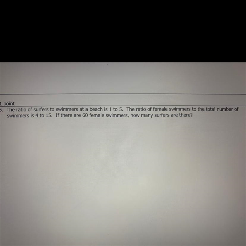 The ratio of surfers to swimmers at a beach is 1 to 5. The ratio of female swimmers-example-1