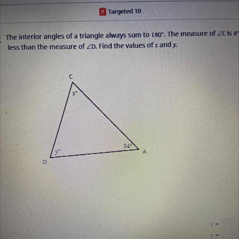 6 The interior angles of a triangle always sum to 180°. The measure of ZC is 8° less-example-1