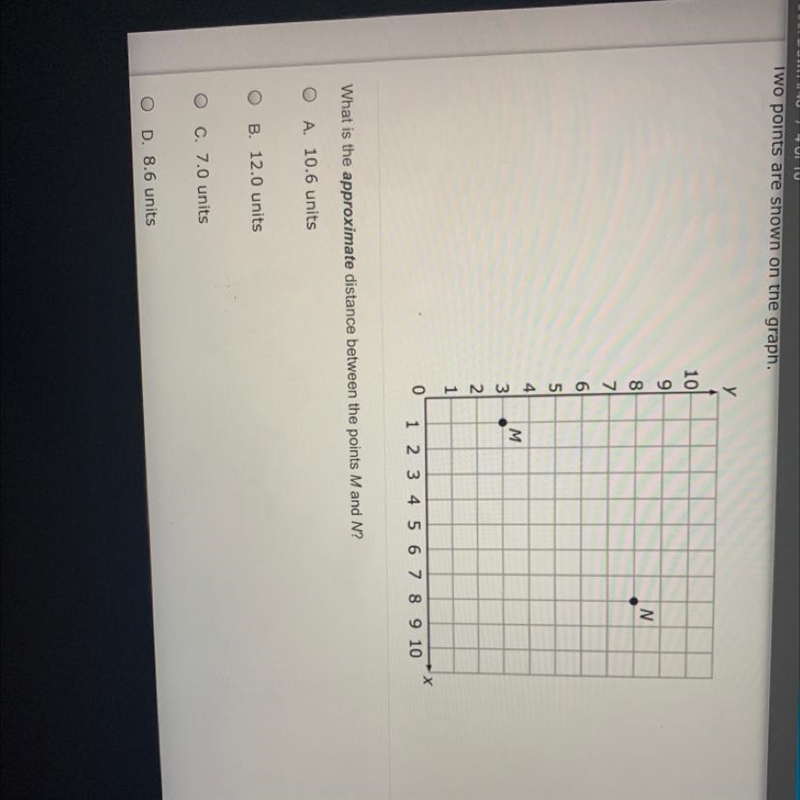 Two points are shown on the graph.What is the approximate distance between the points-example-1