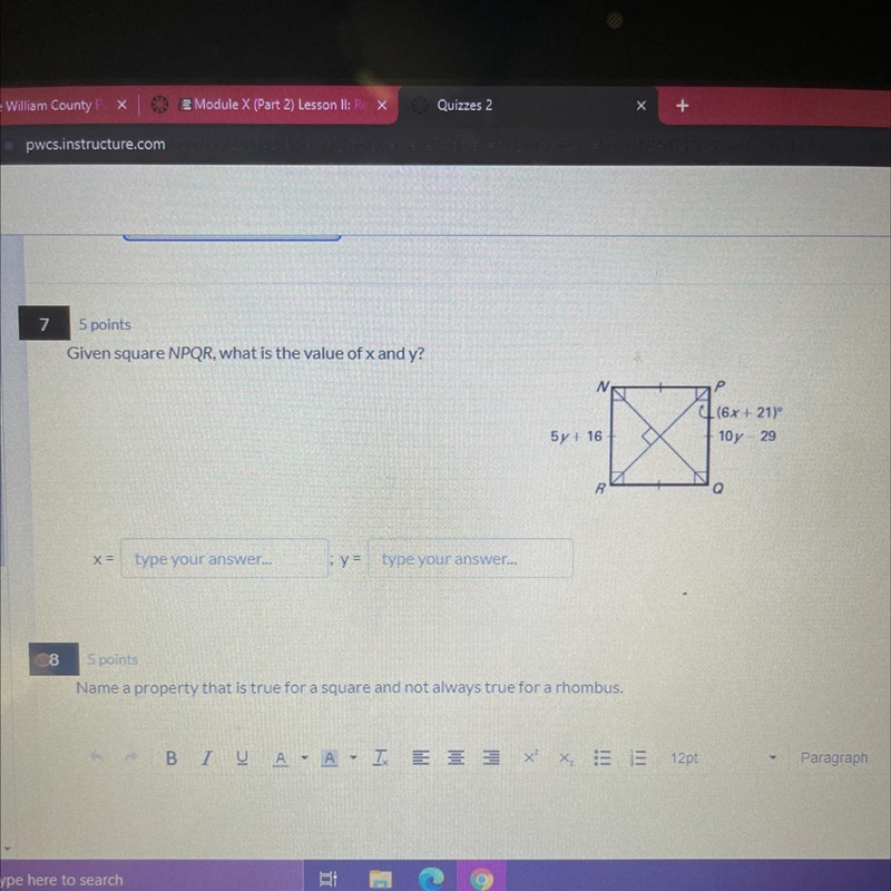 Given square NOWR, what is the value of x and y?-example-1