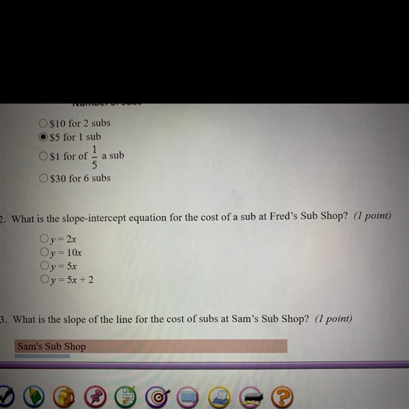 WHAT IS THE SLOPE-INTERCEPT EQUATION FOR THE COST OF A SUB AT FEDS SUB SHOP-example-1